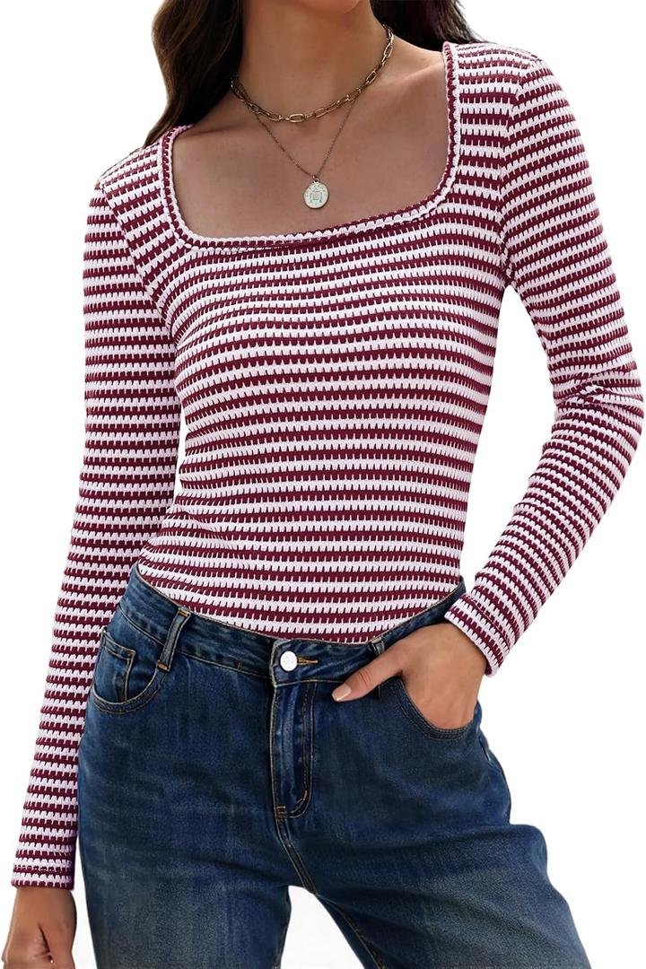 IWD Womens Striped Long Sleeve Shirts Slim Fit Square Neck Tops 2026 Spring Lightweight Knit Pullover Sweater (Red, S)