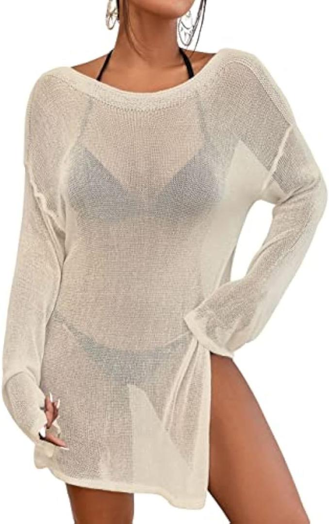 Bsubseach Crochet Swimsuit Coverup for Women Sheer Bathing Suit Cover Ups Knitted Swimwear Bikini Beach Vacation Outfits (One Size, Apricot)