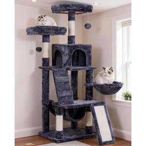 Heybly Cat Tree, Cat Tower for Indoor Cats, Multi-Level Cat Furniture Condo for Cats with Padded Plush Perch, Cozy Basket and Scratching Board, Smoky Gray HCT014G (56 inch)