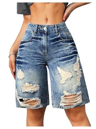 WDIRARA Women's Ripped Raw Hem Bermuda Denim Shorts Mid Rise Distressed Jean Shorts Streetwear Blue 31