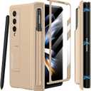 Miimall for Samsung Galaxy Z Fold 4 Case with Pen Holder, Built-in Screen Protector & Adjustable Kickstand & All-Inclusive Magnetic Protective Case for Galaxy Z Fold 4 5G (Champagne Gold)