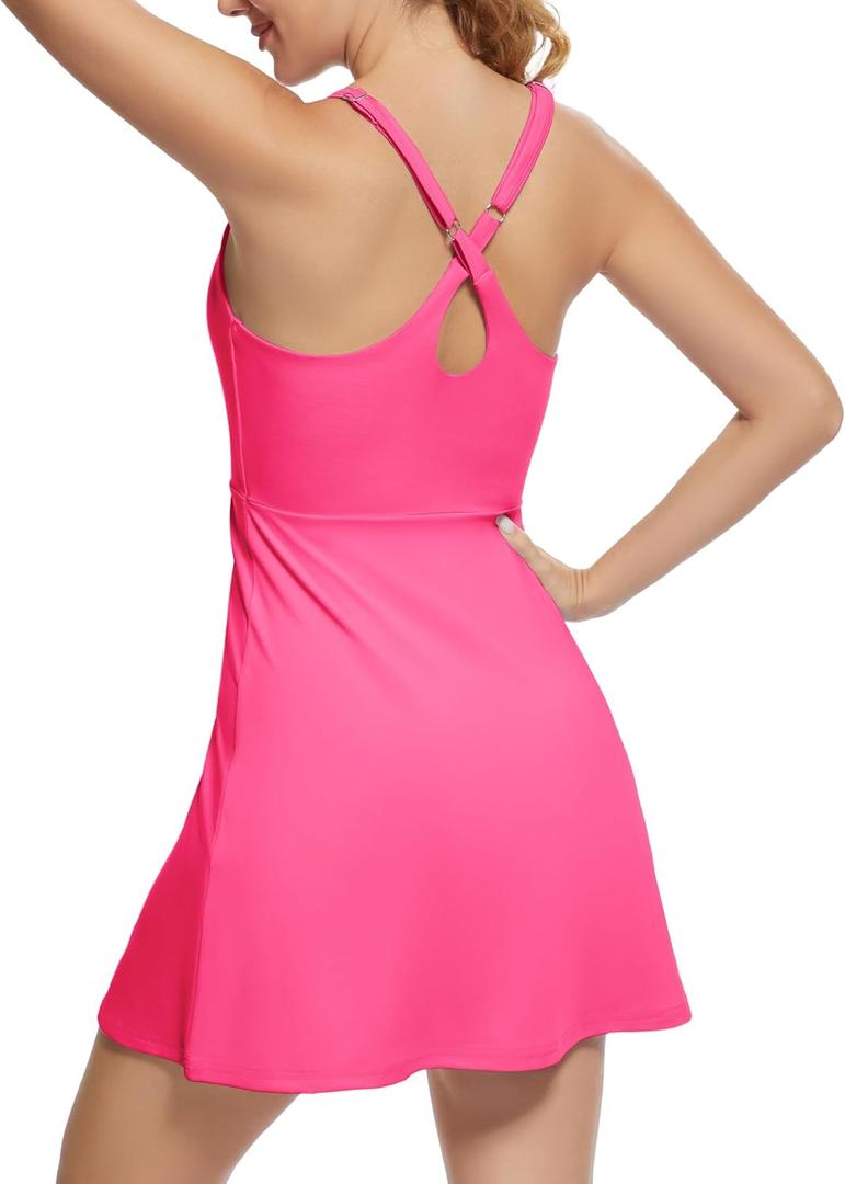 Tennis Dress for Women Athletic Golf Dress with Built in Separate Shorts Backless Workout Dress with Adjustable Straps Pink, Size Medium