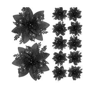 Canlierr 12 Pieces 5.7 Inch Christmas Poinsettia Flower Christmas Glitter Artificial Flower with Clips Xmas Tree Ornament for Wreath Garland Party Decor (Black)