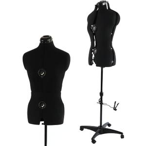 Black Dress Form Adjustable Mannequin for Sewing, Female Size 6-14 Pinnable Body Form with 13 Dials & Detachable Casters, 42.5"-60" Height Range for Clothing Display, Small to Medium