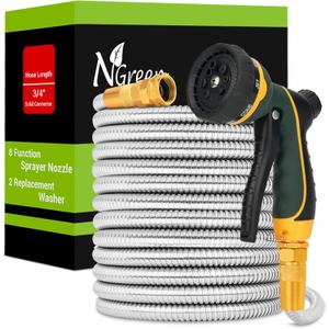 NGreen Stainless Steel Garden Hose - Flexible Metal Water Hose with Nozzle, Puncture, Rust Proof and Corrosion Resistant, Never Kink and High Pressure, Collapsible and Easy to Store (100FT)