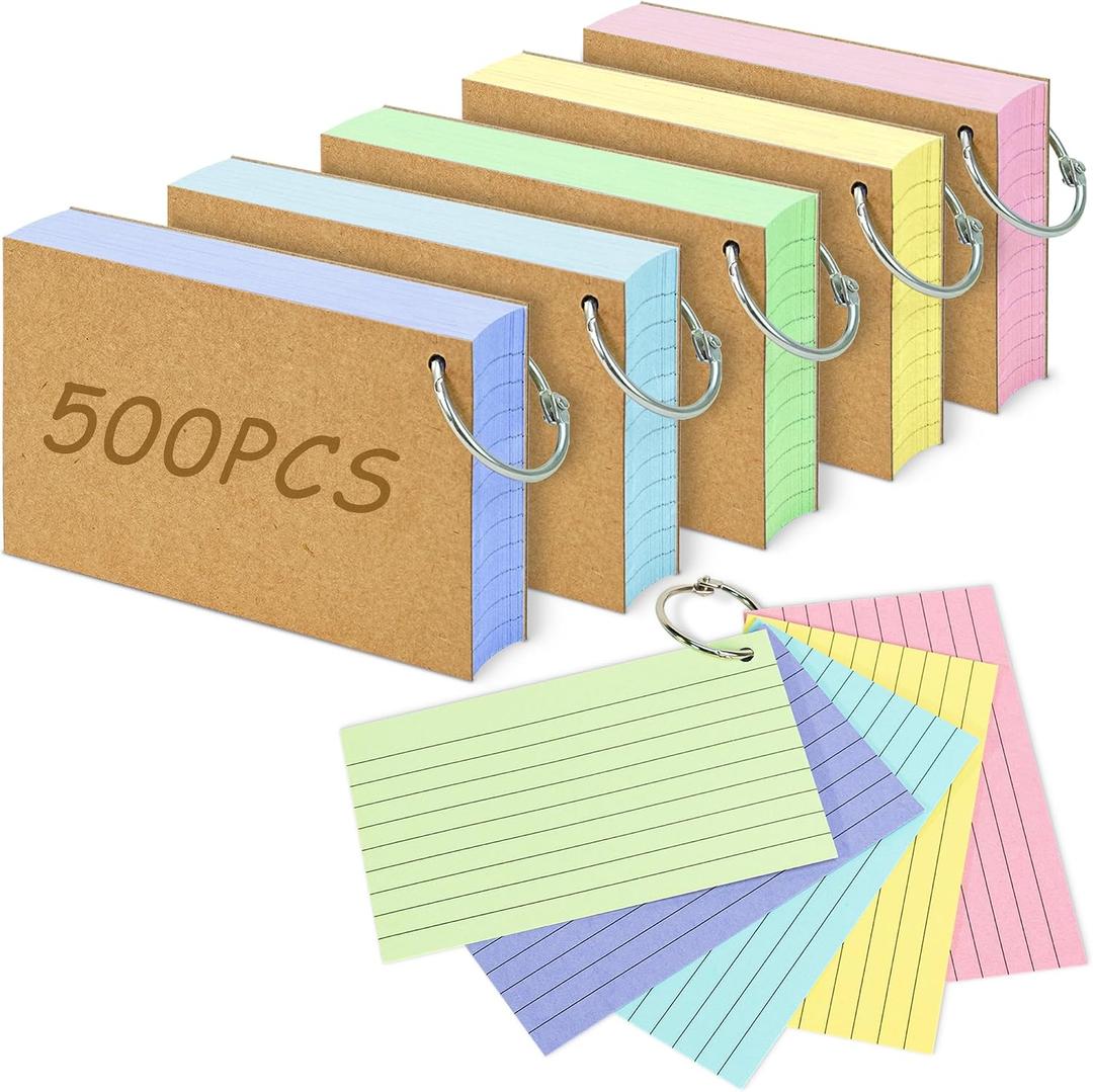 500PCS Colored Index Cards, 3x5 Inches Flash Cards with Ring, Lined on Both Side Notecards Ruled Study Card Flashcards Heavy Note Cards for Studying, Learning, School, College