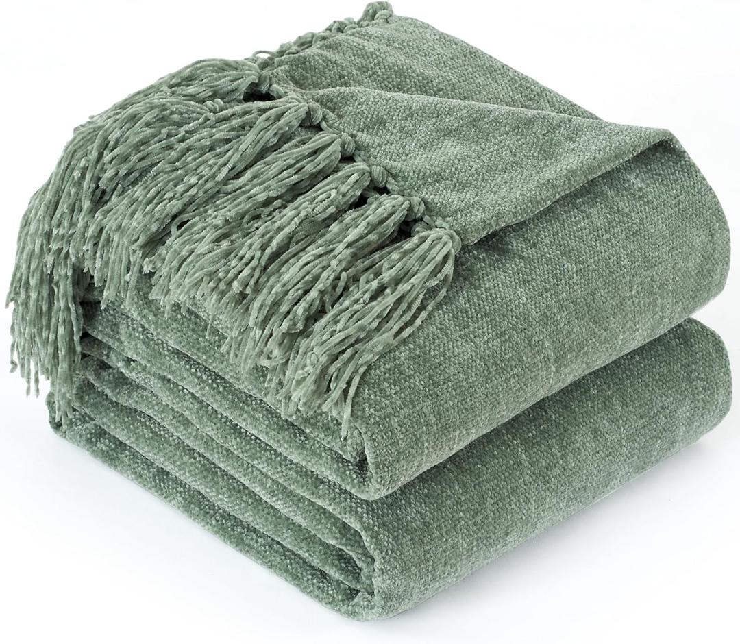 Chenille Throw Blanket for Couch with Tassels,50"X60" Soft Cozy Lightweight Knitted Boho Decorative Blankets for Bed and Sofa,Light Green