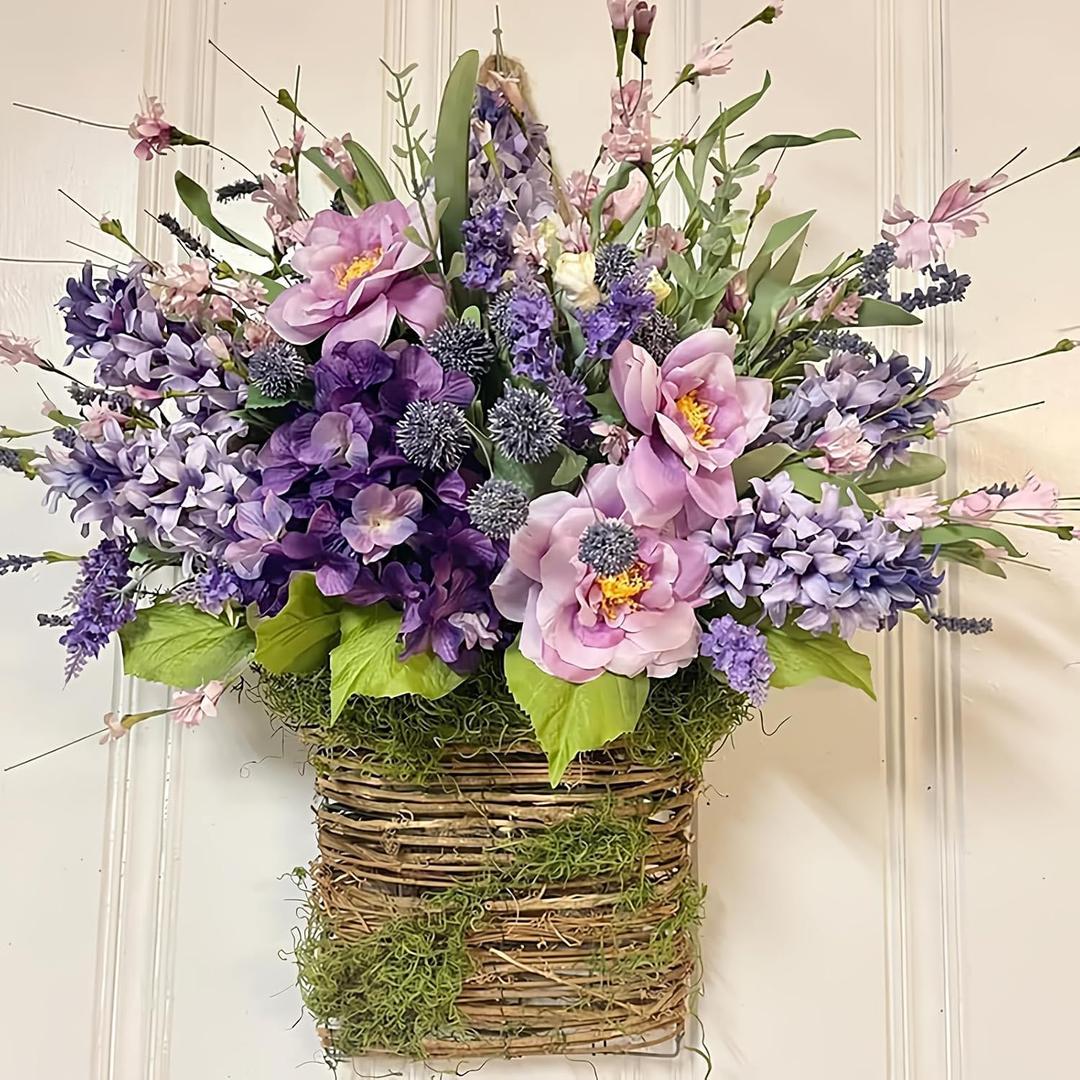 Cream Hydrangea Door Hanger Basket Wreath, Farmhouse Wreath with Wildflowers, Artificial Spring Summer Garland for Front Door, Seasonal Holiday Ornament (A)