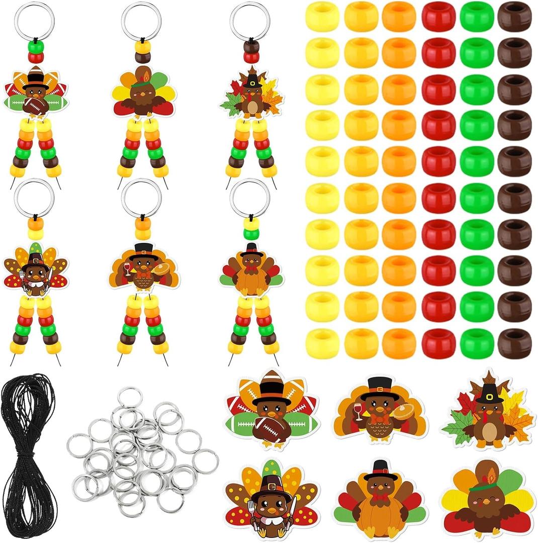 WZSTNBLA 577 Pcs Thanksgiving Turkey Beaded Craft Thanksgiving Wooden Keychain Kit Mixed DIY Thankful Turkey Beaded Key Chain Making Craft Make Your Own Key Chains for Thanksgiving Party Supply