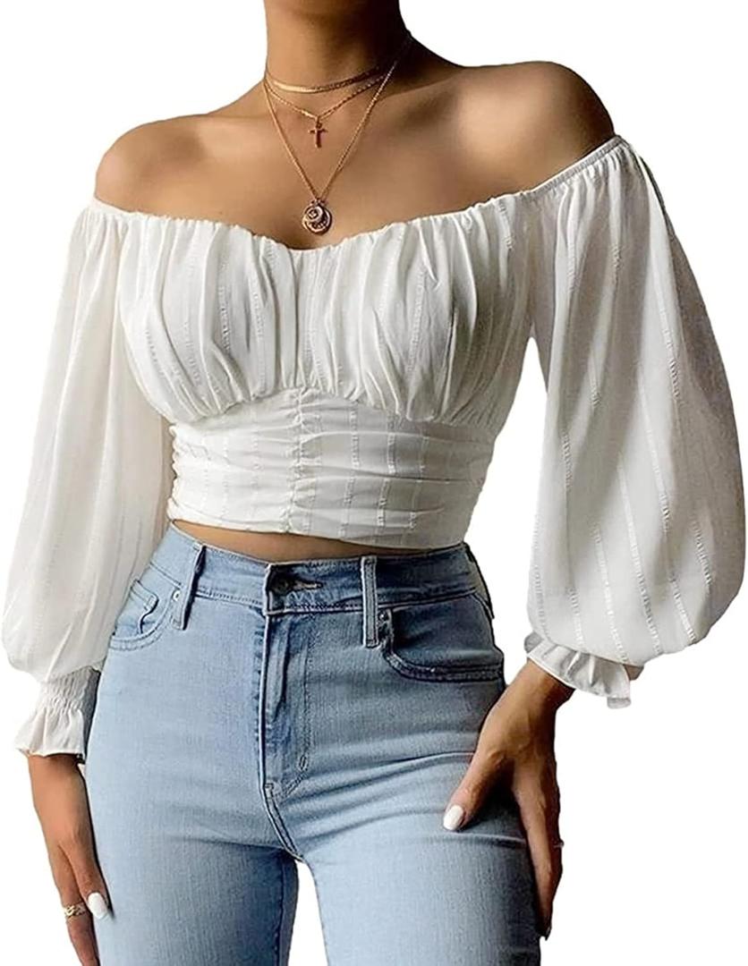 MIRACMODA Womens Elegant Off The Shoulder Puff Sleeve Blouse Summer Chiffon Slim Fit Party Crop Top (Large, White)