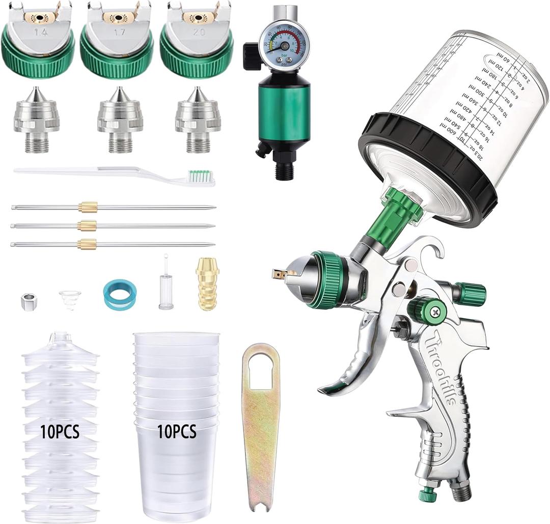 Professional HVLP Spray Gun, 1.4/1.7/2.0mm Nozzle HVLP High Atomization Flow Adjustable Pneumatic Gravity Spray Gun (Green)