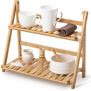 Matcha Station Shelf,15.7'' Coffee Station Organizer, 2 Tiers Bamboo Mug Holder Countertop,Desktop Flower Pot Rack for Home Living Room Window Sill Foldable Display Storage Shelf(Wood)