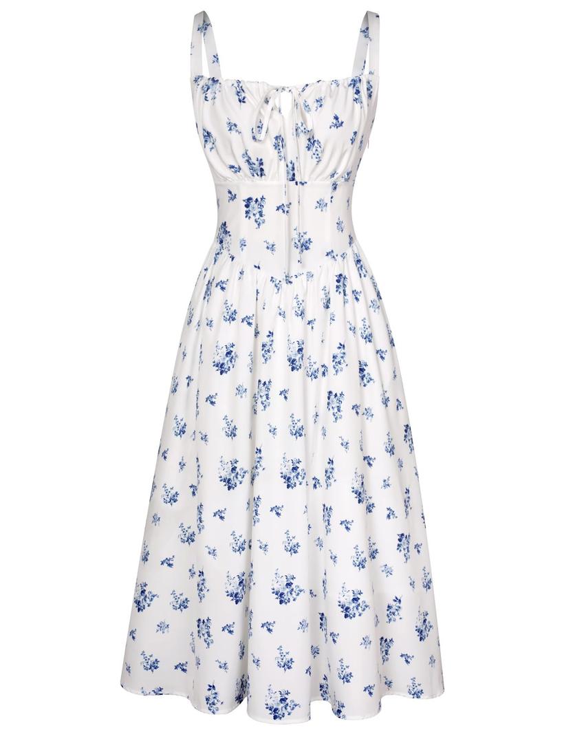 Scarlet Darkness Women's Floral Midi Dress Corset Sundresses 2026 Summer Spring Vacation Milkmaid Dresses White Navy Floral, Size: L
