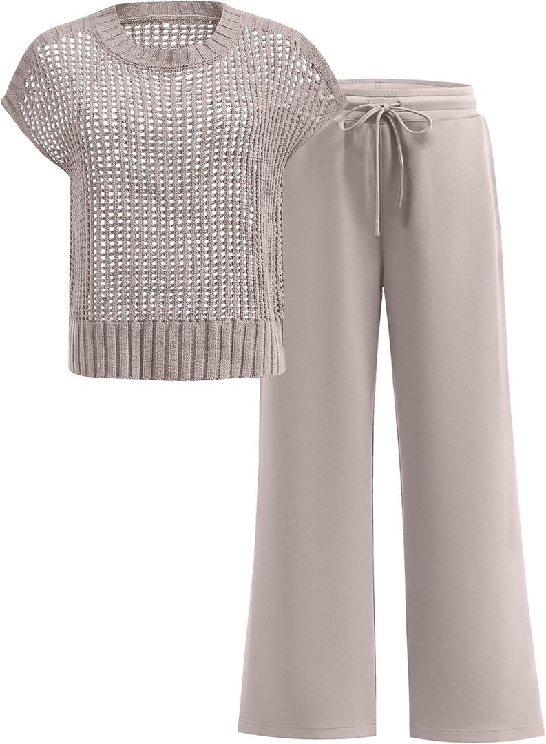 ANRABESS Women Two Piece Outfits Crochet Sheer Knit Sweater Top Wide Leg Pants Lounge Matching Sets Sweatsuit Travel Clothes (Medium, Light Khaki)