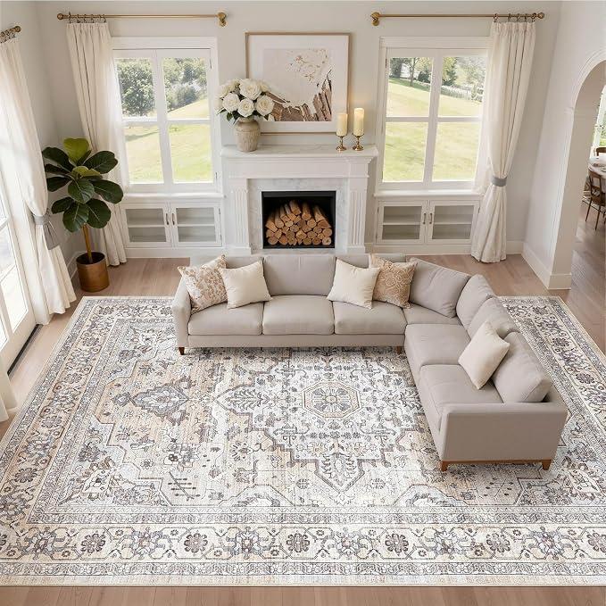 10x14 Area Rugs Washable Vintage Boho Living Room Rug Ivory Gray
Neutral Soft Stain Resistant Farmhouse Non-Slip Indoor Floor Retro Carpet for Bedroom Nursery Kids Office