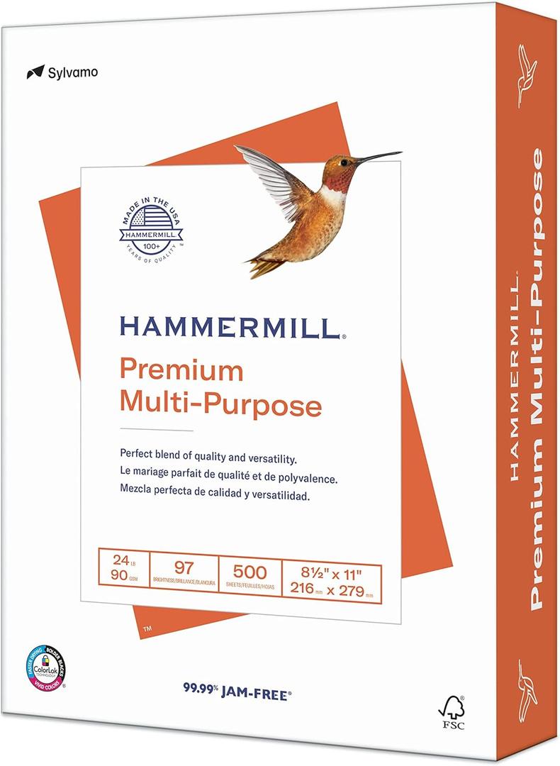 Hammermill Printer Paper, Premium Multipurpose Paper 24 lb, 8.5 x 11 - 97 Bright, Made in the USA, 105810R - 1 Ream (500 Sheets)