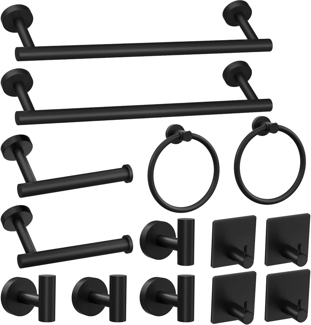 14-Pieces Matte Black Bathroom Accessories Set, Stainless Steel Bathroom Hardware Set, Bath Towel Bar Set, Towel Racks for Bathroom Wall Mounted