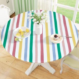 misaya Round Fitted Tablecloth with Elastic Edge, 100% Waterproof Oil Proof Plastic Table Cover, Vinyl Flannel Backed Tablecloth Fits 36"-44" Round Tables for Dinner, Outdoor, Picnic, Colorful Stripes