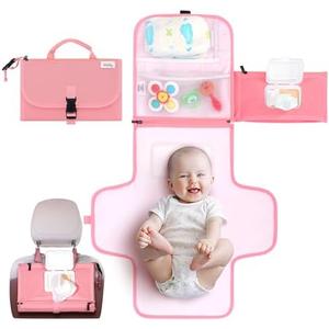 Kopi Baby Portable Diaper Changing Pad - Baby Diaper Changer Travel Bag with Wipes Pocket, Smart Design Portable Changing Mat, Infant Travel Station Kit, Gift for Newborn Girl & Boy - Pink, Classic