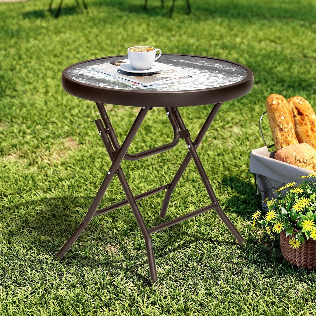 Foldable Side Table with Tempered Glass Top 18" Outdoor Folding Side Table Small Glass Patio Tables for Porch Yard Balcony Deck Lawn Dining Garden (Brown), Round*1