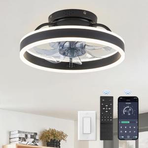 ZMISHIBO Low Profile Ceiling Fans with Lights and Remote, 13 Inch Fandelier Ceiling Fan with Light, Black Modern Flush Mount Ceiling Fan, Small Dimmable LED Fan Lights for Bedroom