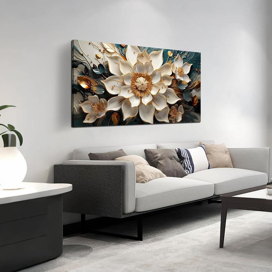 White Floral Canvas Wall Art with Gold Accents - Abstract Flower Decorative-Pictures with Teal Background Printed Painting Artwork Wall-Decor for Living Room Bedroom Office, Large Size 48x24 Inches (Lotus Blossom)