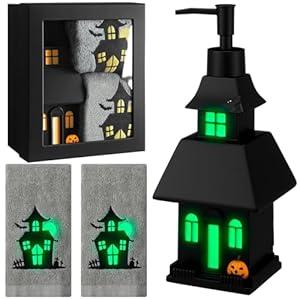 Teenyyou 4 Pcs Halloween Soap Dispenser Bathroom Decoration Glowing Castle Soap Dispenser Lotion Pump Halloween Hand Towels with Gift Box Set for Home Bath Kitchen Accessories