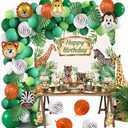Yancan Safari Birthday Decorations for Boy Jungle Theme Party Supplies Green Balloon Garland Arch Kit with Happy Birthday Backdrop Animal Balloons Palm Leaves