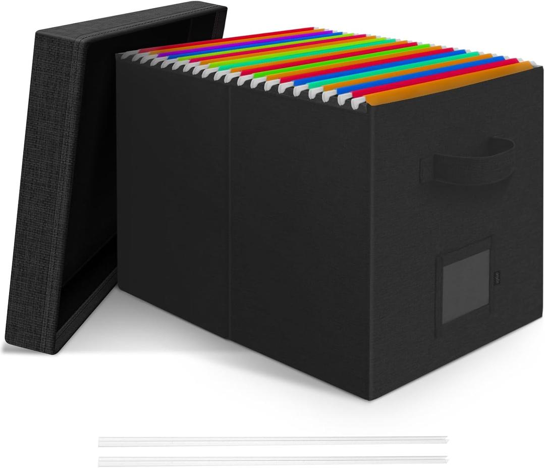 File Organizer Box with Lid, Linen Hanging File Storage Box with Handle, Collapsible Document Filling Box for Letter/Legal Folder, Portable File Box for Office/Decor/Home (1 Pack, Black) File Organizer Box with Lid, Linen Hanging File Storage Box with Handle, Collapsible Document Filling Box for Letter/Legal Folder, Portable File Box for Office/Decor/Home (1 Pack, Black)