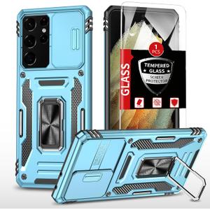 for Samsung Galaxy S21 Ultra Case with Screen Protector,Built-in Slide Camera Cover+Stand Ring for S21 Ultra Phone Case Shockproof Anti-Scratch Military-Grade Drop Heavy Duty Protection Blue
