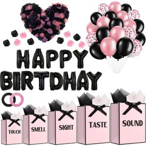 Ctosree 5 Senses Gift Bags for Her Him Black and Pink Birthday Decorations Kit Includes Five Senses Gift Bags, Happy Birthday Balloons, Tissue Paper and Petals for Anniversary Wedding Party Favors