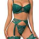SOLY HUX Womens Sexy Lingerie Sets 4 Piece Lace Garter Babydoll Push Up Bra and Panty with Stocking Dark Green XL