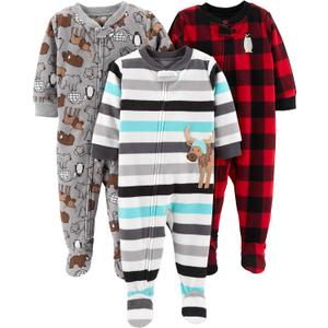 Simple Joys by Carter's Baby Boys' 3-Pack Loose Fit Flame Resistant Fleece Footed Pajamas, Buffalo Check/ Polar Bear/ Stripe, 12 Months