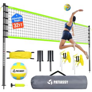Outdoor Volleyball Net Set for Backyard & Beach, 32FT Regulation Size, Easy Setup Adjustable Height Poles, Portable Net System with PU Volleyball, Pump & Carry Bag