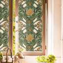 Vintage Dark Green Yellow Damask Leaf Stained Glass Window Films Decorative Double-Side Privacy Film Self-Adhesive Static Clings for Living Room Bathroom Glass Windows Decor