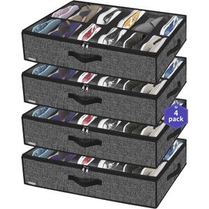 Onlyeasy Under Bed Shoe Storage Organizer For Closet, 4 Pack Fit 12x4 Pairs, Underbed Solution Shoes Container Bags with Sturdy Sidewall & Reinforced Handles, Breathable, Linen-like Black, MXAUBSB4P