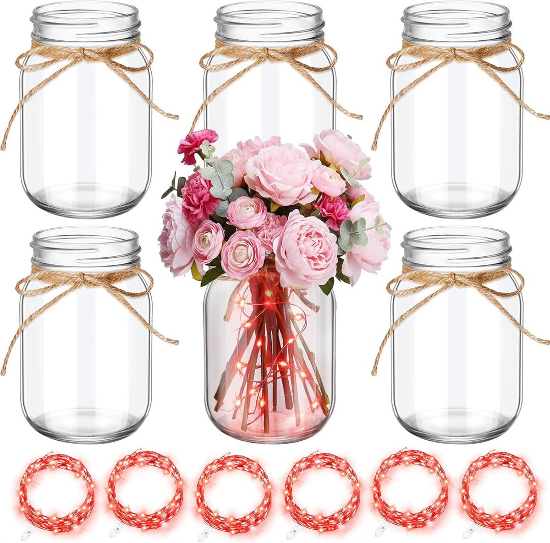 Chunful 6 Pcs Glass Mason Jar with LED Lights for Table Centerpiece Decorations Set Clear Rustic Farmhouse Coffee Table Decor with LED Lights for Wedding Dining Room Kitchen Decor (Red Light)