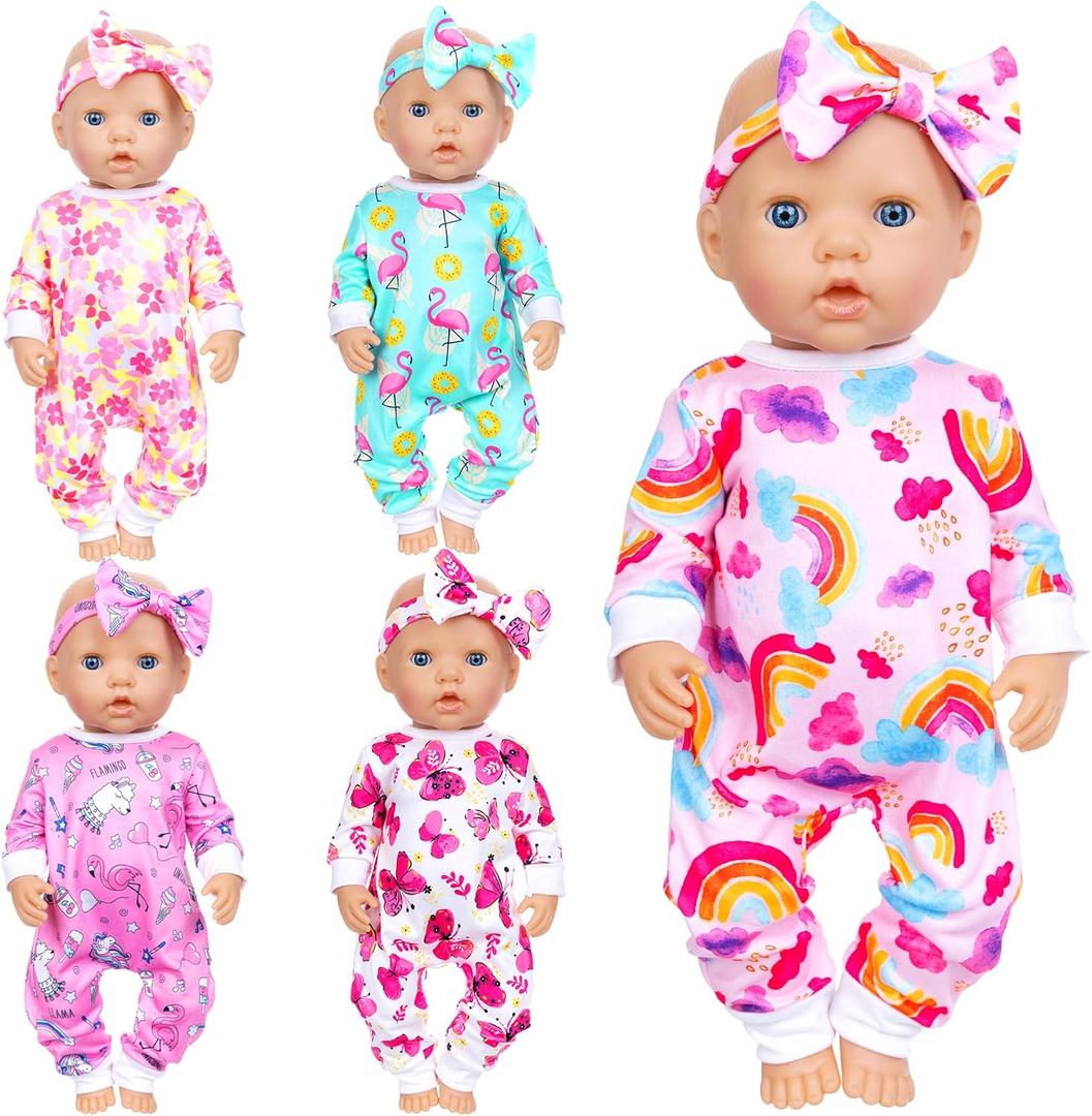 4 Sets Baby Doll Clothes and Headbands Baby Doll Accessories Set for 14 -16 Inch Doll, Total 10 pcs Cute Pattern Jumpsuit Doll Clothes and Accessories for 15 Inch Baby Dolls 18 Inch Dolls (Different Pattern)