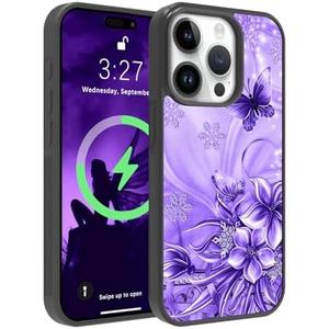 OOK Magnetic for iPhone 15 Pro Case Purple Butterfly with Flower Nebula Space Design [Compatible with MagSafe] Hard PC+Soft TPU Bumper Anti-Slip Ultra Thin Case, Light Purple