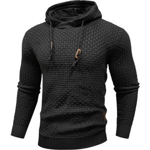 Zaitun Mens Hooded Sweatshirt Long Sleeve Solid Knitted Hoodie Pullover Sweater (Medium, Black)
