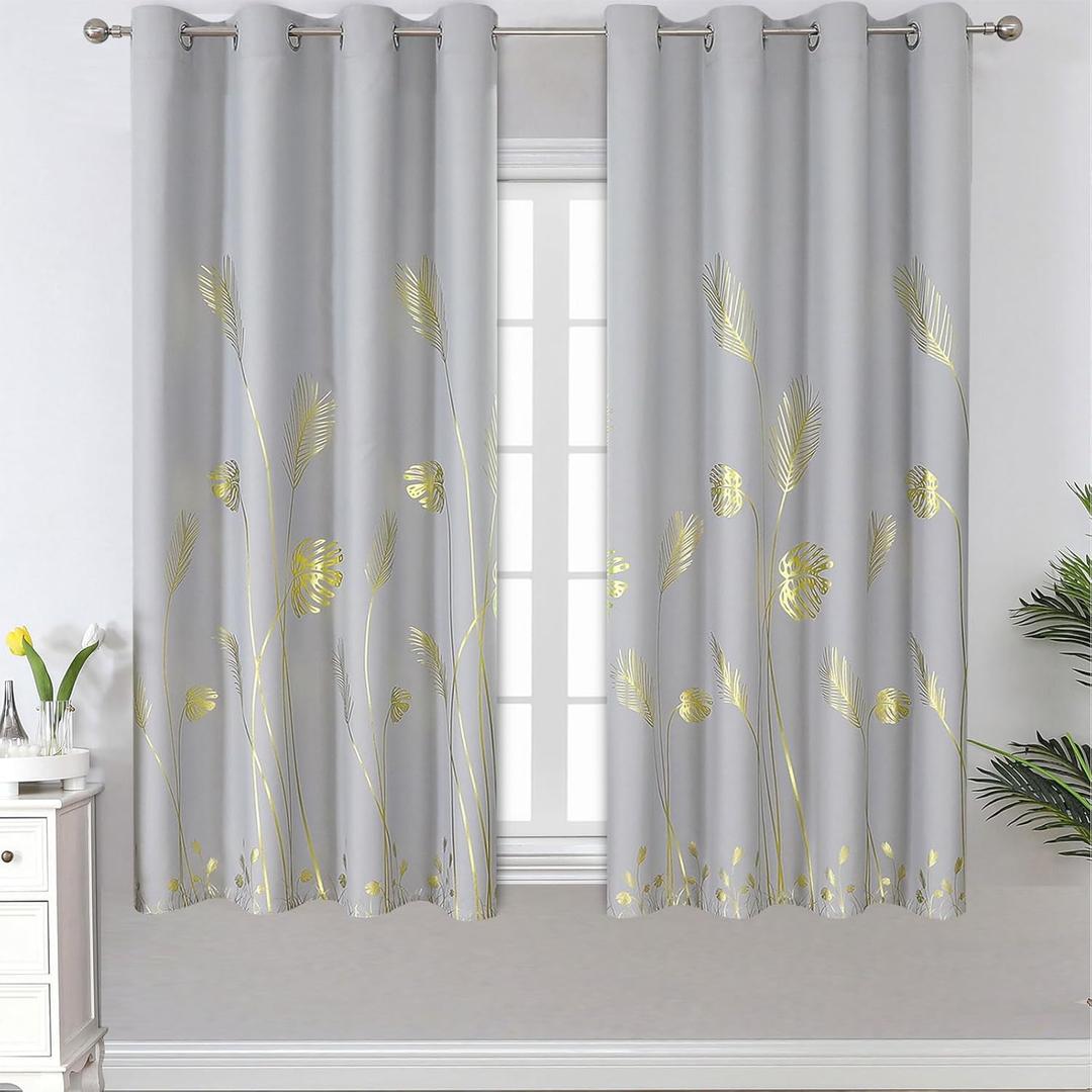 Estelar Textiler Light Grey Blackout Curtains 63 Inches Long, Gold Palm Tree Pattern Light Gray Curtains, Light Blocking Thermal Insulated Grommet Window Drapes for Bedroom, 52Wx63L, 2 Panels