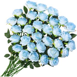 32 Pcs Ice Blue Artificial Roses Fake Flowers, Silk Flowers with Stems for DIY Wedding Bridal Shower Centerpieces Arrangements Tables Decorations