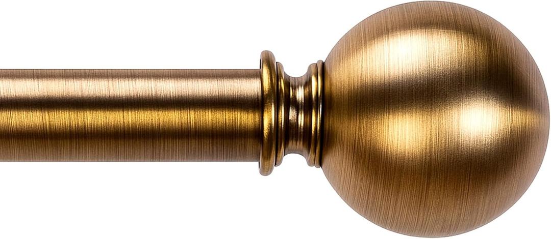 Brass Curtain Rods for Windows 18 to 120 inches, 1 Inch Modern Metal Drapery Rods, Adjustable Heavy Duty Curtain Pole with Round Finials(18"-120"Antique Brass)