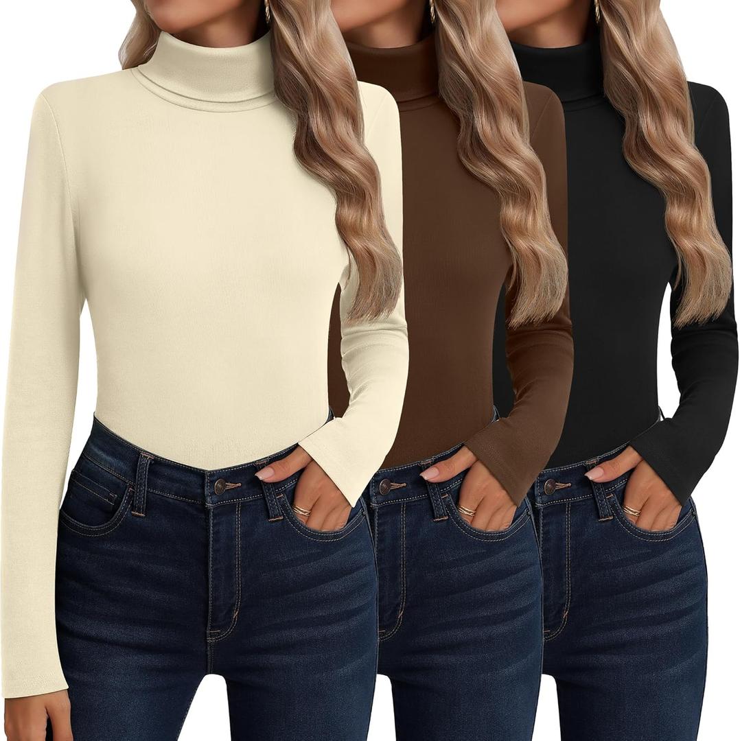 Neer 3 Pack Cotton Women's Turtleneck Long Sleeve Tops Thermal Underwear Base Layer Fall Winter Shirts Sweater (Black, Brown, Cream) Small
