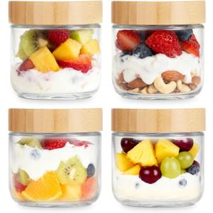 4-pack 10oz Overnight Oats Containers with Bamboo Lids, Wide mouth Mason Salad jars, Glass Jars with Airtight Lids for Meal Prep, Glass Food Storage Container for Snack Yogurt Sugar Spice