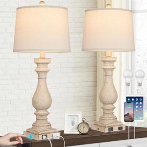 Cinkeda 29" Tall Table Lamp for Living Room Set of 2,Farmhouse Nightstand Bedside Lamps with USB C+A Ports & AC Outlet,3-Way Dimmable Touch Control Desk Lamp for Bedroom,Color 1