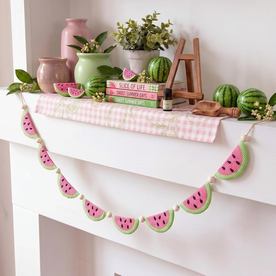 SmoothNovelty Gingham Watermelon Felt Banner Garland Decor Vintage 3D Fruit Hanging Garland with Wooden Beads for Back to School Birthday Party Baby Shower DIY Home Wall Fireplace Decor