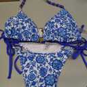swimall Women's Thong Bikini Set Sexy String High Cut Triangle Swimsuit Two Piece Brazilian Bathing Suit - 505 - Blue White Floral - Medium