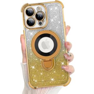 KANGHAR for iPhone 12 Pro Max Case, Support for MagSafe [Four Corner Cushion Series] Kickstand Electroplate Edge Shockproof Durable Full Body Protection for Girls Women -Gold