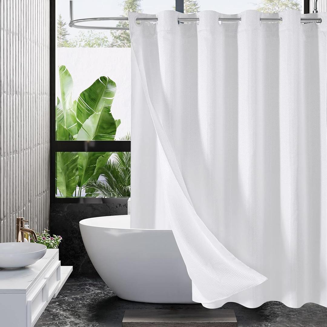MitoVilla No Hooks Required Extra Long Shower Curtain Liner Set, 86 inch XL White Waffle Heavyweight Fabric Cloth Shower Curtains Set with Snap-in Liner for Modern Luxury Hotel & Spa Bathroom Decor
